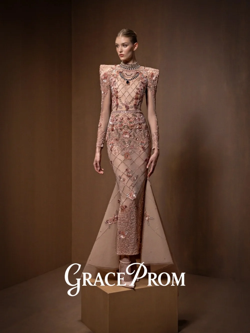 

GraceProm Luxe 3D-Floral Evening Dress 2026 Blush Beaded Carpet Gown Elegant A-Line Floor-Length Party Gown فساتين سهر