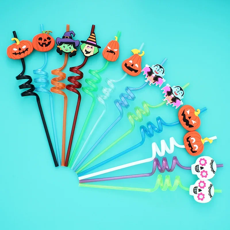 12pcs ReusablePlastic Straw Halloween Theme Cartoon Style Straws Pumpkin Bats Skull Shape Straw Kids Birthday Party Supplies