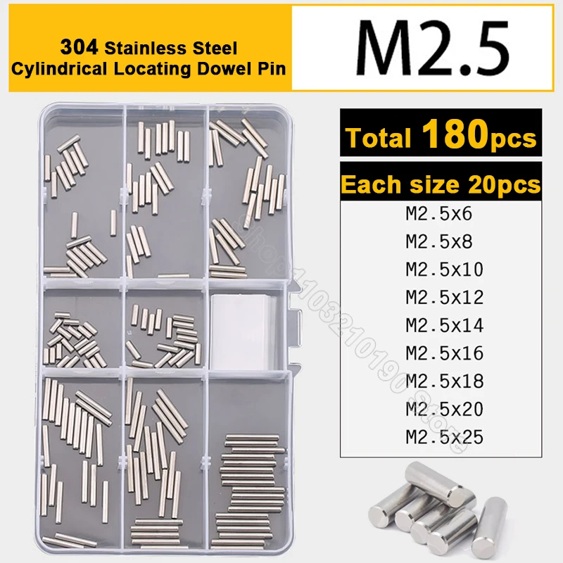 

180Pc M2.5 Cylindrical Locating Dowel Pin Set 304Stainless Steel Metal Fixing Shaft Lock Pins Round Bar Solid Rod Assortment Kit