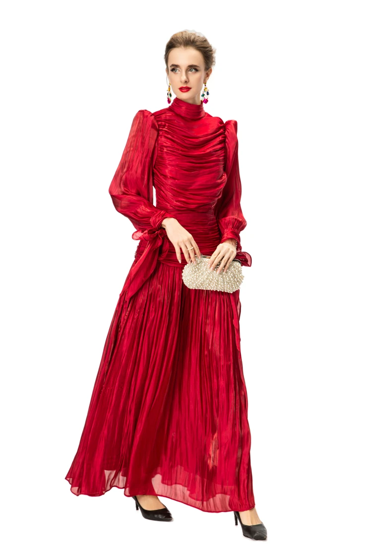 Abito da donna in raso rosso con collo alto e maniche lunghe, polsini, maxi abiti in vita pieghettati, abito da ballo per feste/eventi