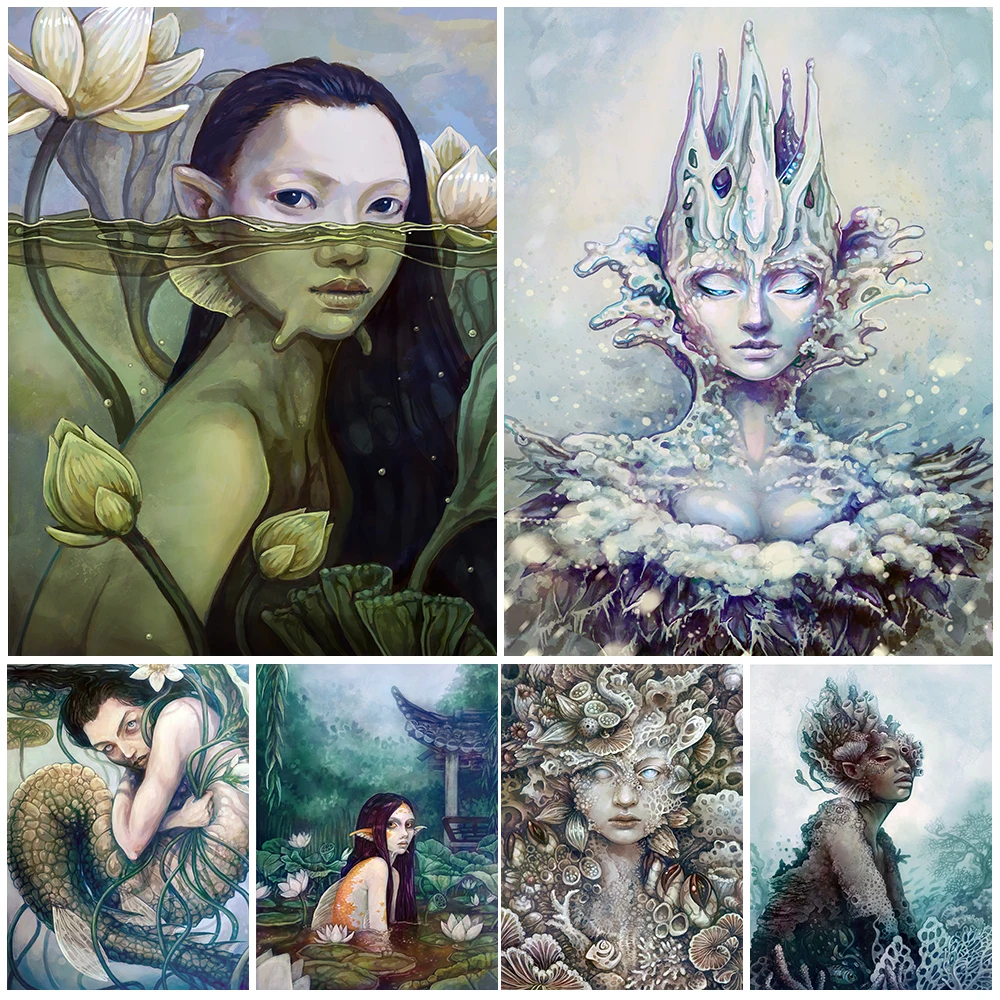 Mermaid Fantasy Wall Art Vintage Canvas Painting Enchanting Sea Demon Retro Poster And Prints Wicca Home Decoration Unframed