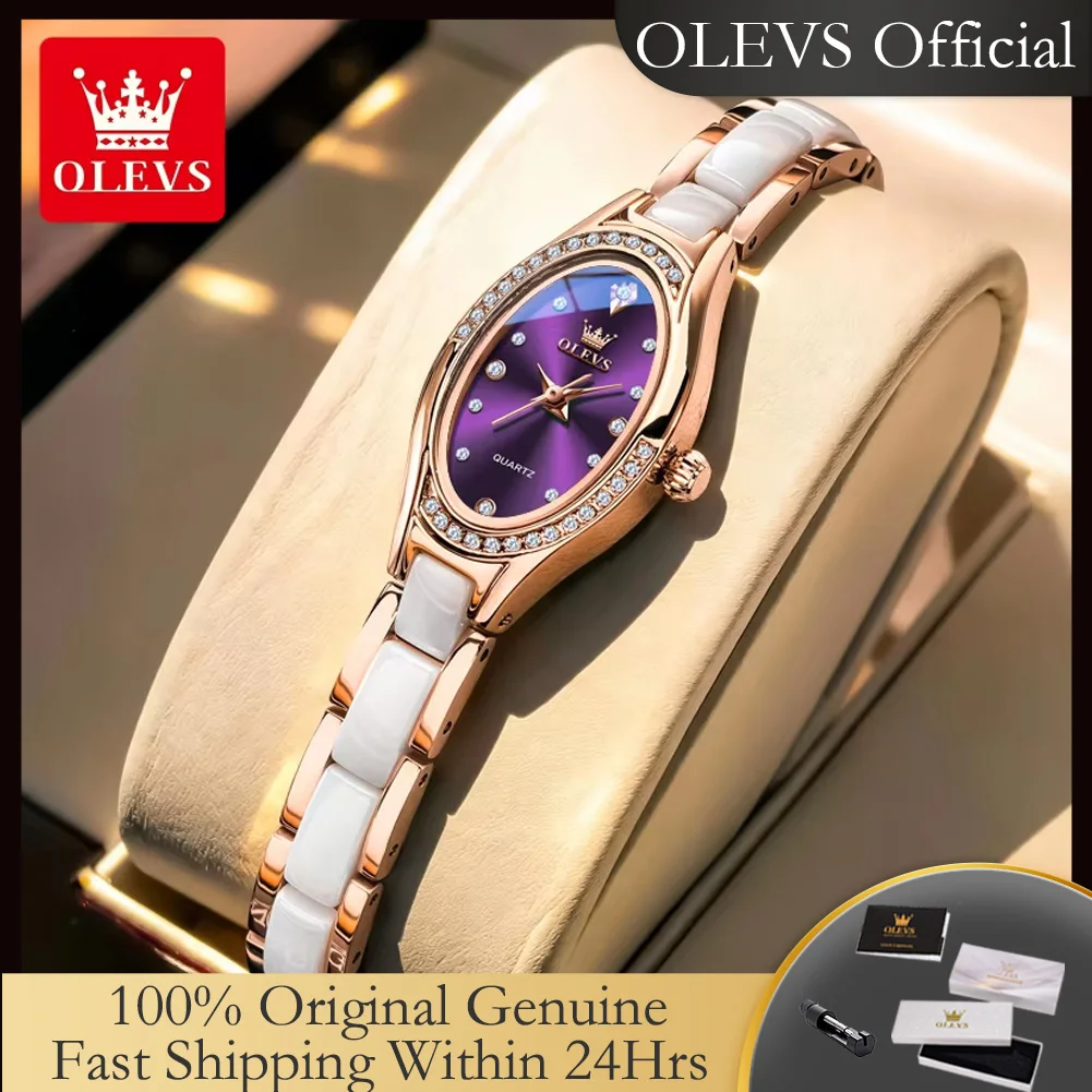 OLEVS 7131 Bracelet Woman Watch Fashionable Oval Dial Quartz Wristwatches for Women Elegant Ceramics Strap Luxury Ladies Watches