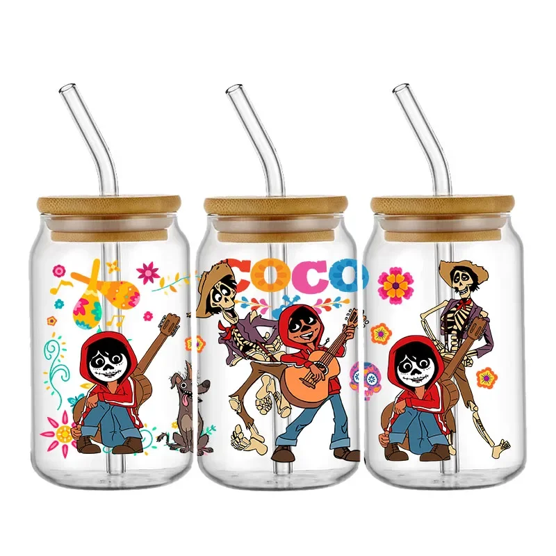 Disney Coco Film UV DTF Transfer Stickers Cartoon For 16oz Glass Libbey Cup Wraps Can Selfadhesive Waterproof Decals Wraps