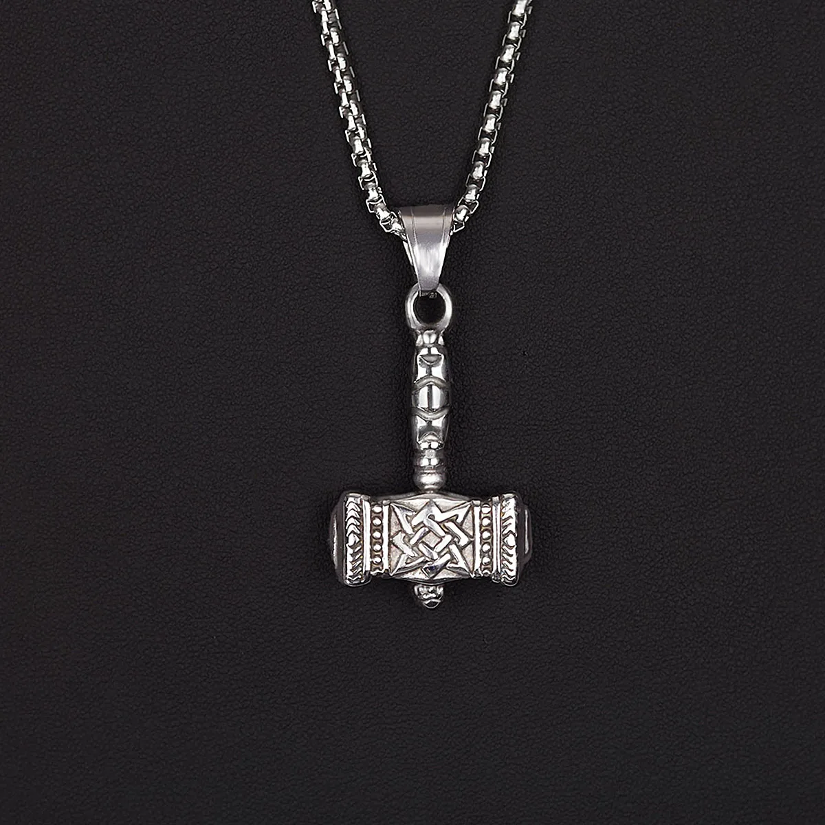 

Nordic Viking Mjolnir Thor Hammer Necklace for Men Plated Stainless Steel Norse Valknut Amulet Pendant with Wheat Chain