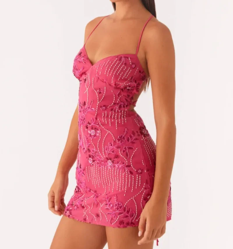 Minivestido camisola con bordado Floral y cuentas de lentejuelas para mujer, vestido con cuello en V y tirantes finos con cordones y espalda descubierta para fiesta y discoteca, traje de vacaciones