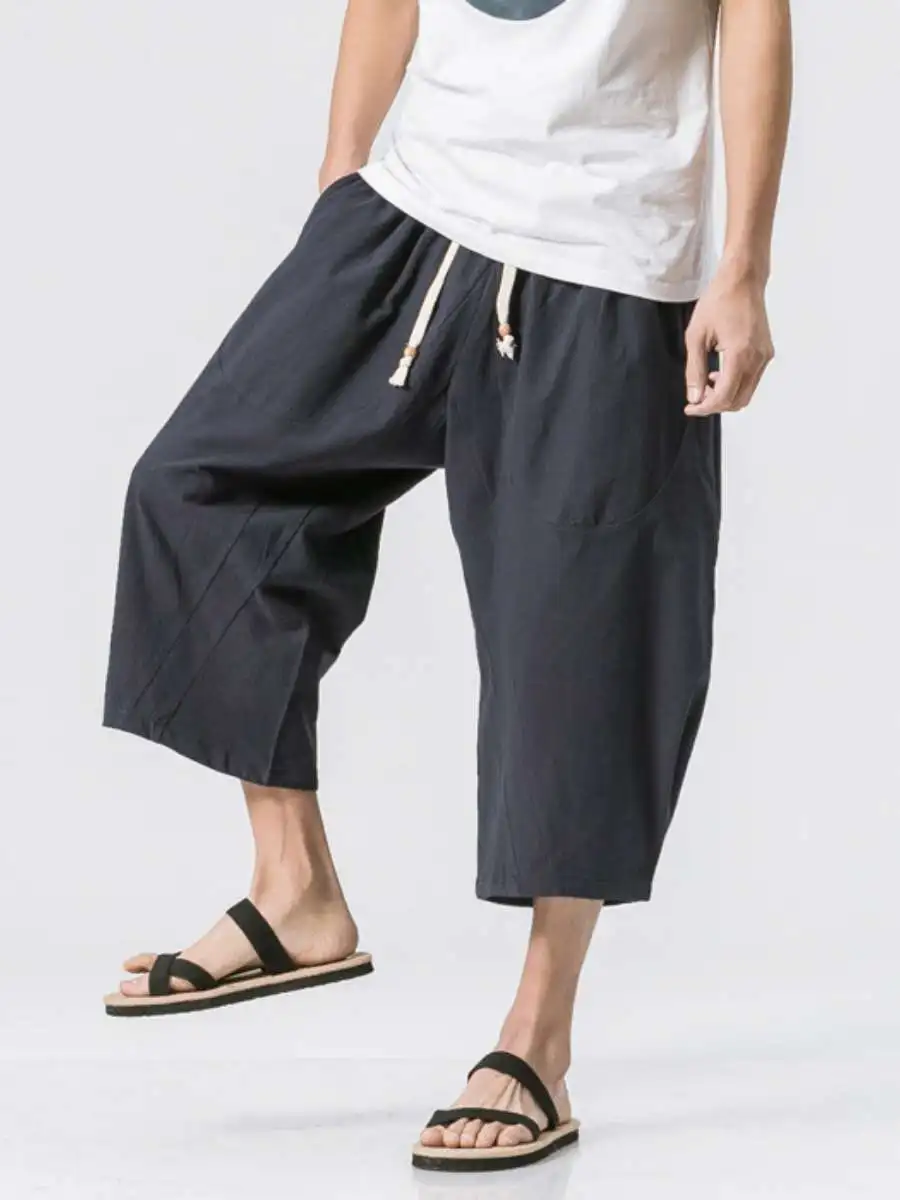 

New Men's Linen Cotton Loose Fit Casual Pants mid Waist Dstring Summer Thin Straight Leg Seven-Foot Length Casual Trousers