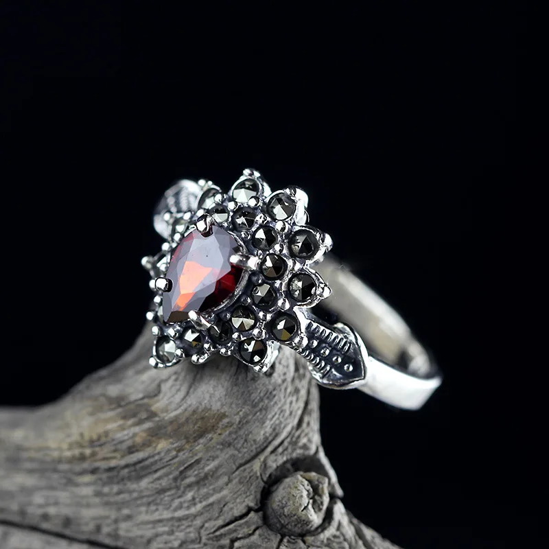 Genuine S925 Sterling Silver Charms Rings for Women New Fashion Tangent Plane Heart Garnet Marcasite Punk Jewelry
