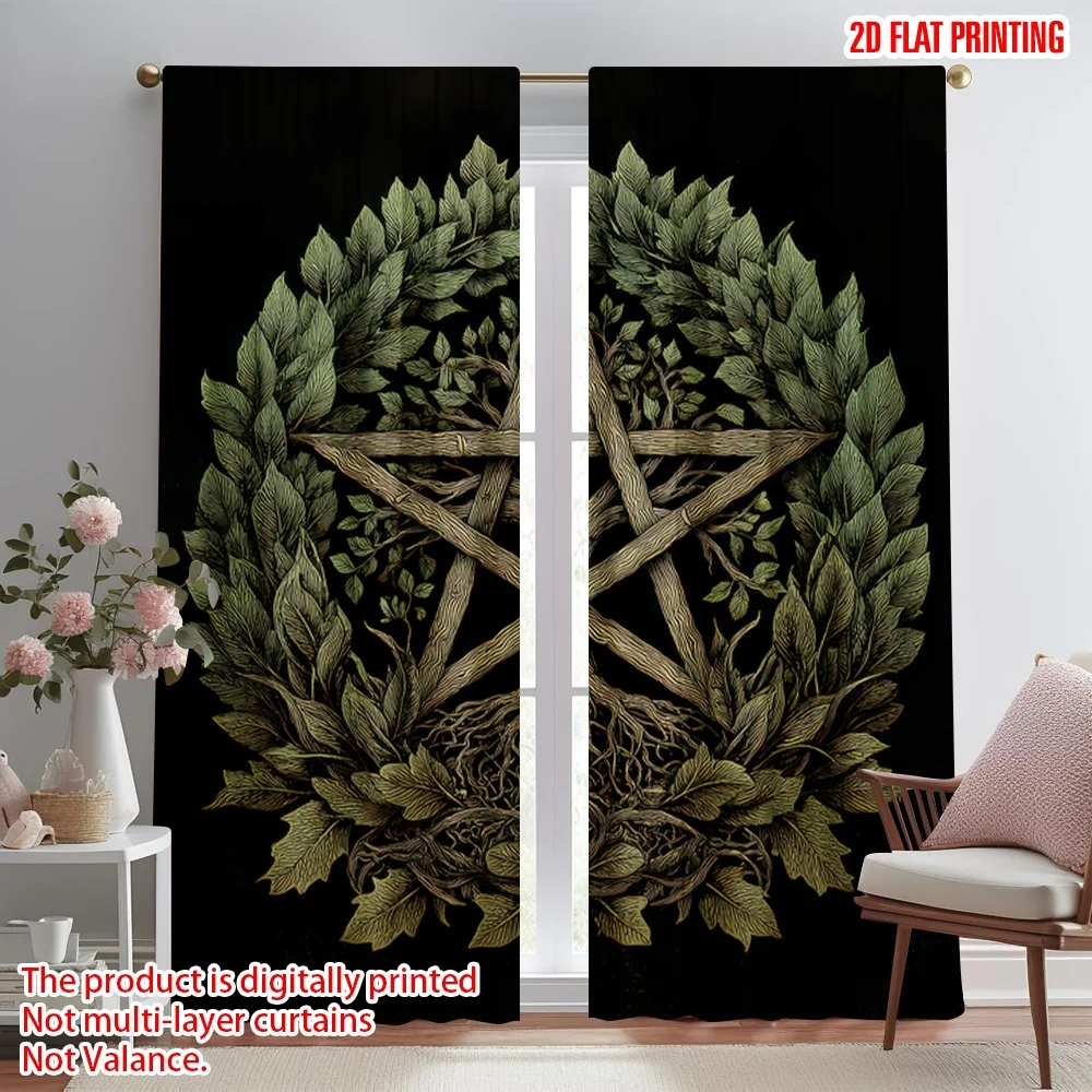 

2D flat printing 2pcs Window Treatment Curtains Pentacle with Leaves Digital Printed Polyester Drapes Festive Wall Decor Use for