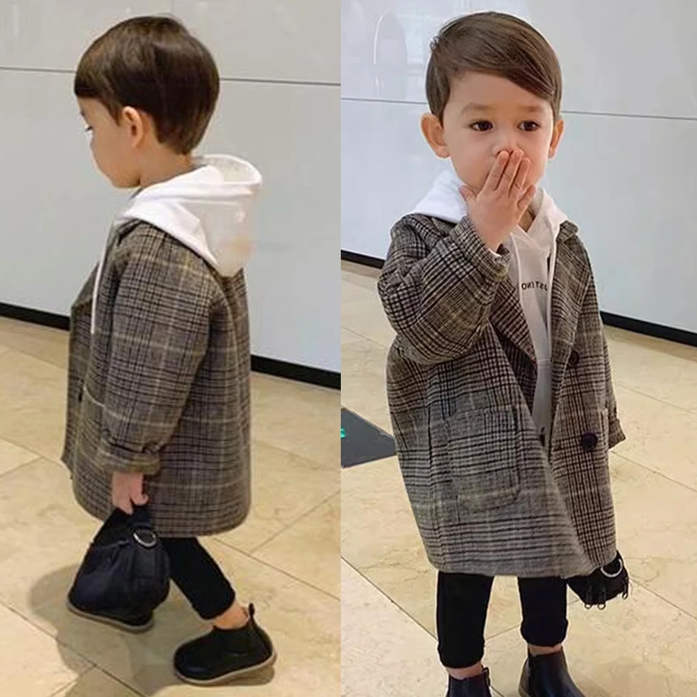 Boys Long Jacket Coat Plaid Pattern Coat Casual Jacket 2-6Years Boy Spring Autumn Children\'s Warm Kids Clothes Fashion Outerwear