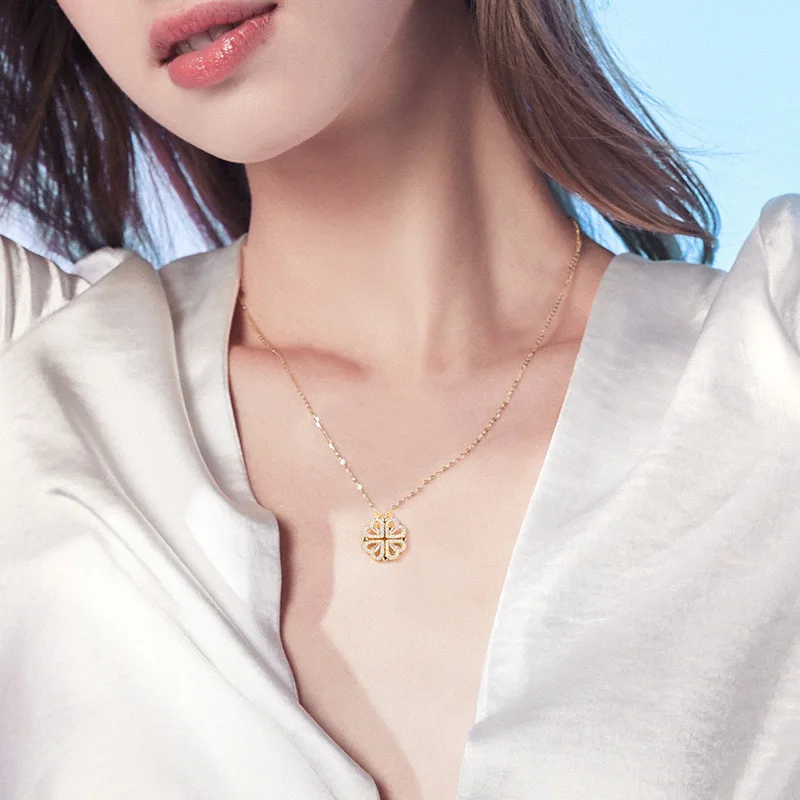 Pendant Necklace Heart-Shaped Four-Leaf Clover with Micro-Pavé Zirconia Versatile Magnetic Heart Necklace for Women