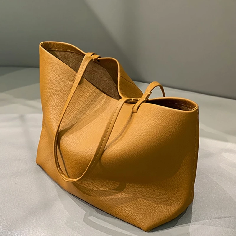 Minimalist Fashion Simple Genuine Leather Women Bag\\Handbag Real Cowhide Soft Leather Tote Shoulder Commuter Shopping Bag Big