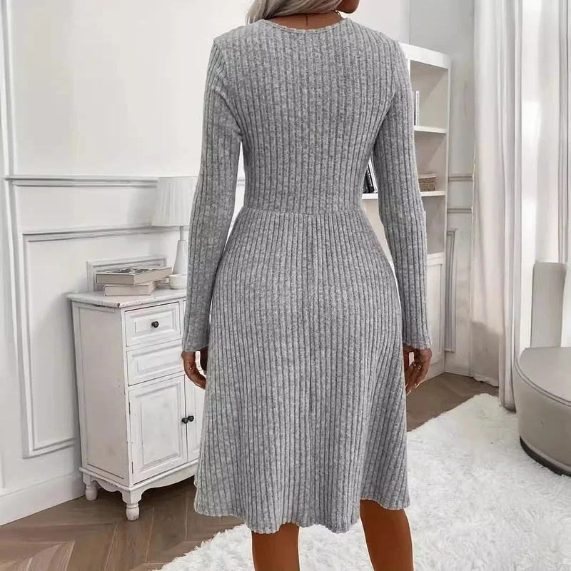 Autumn/winter Woman Temperament Solid Color V-neck Patchwork Sweater Dress Ladies Base Comfortable Spice Skirt Nightclub Commute