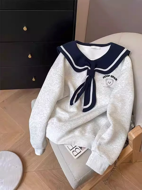 

Extra Large 300 Pounds American Navy Collar Hoodie Women's College Style Loose Casual Long Sleeve Top Polyester Fiber Spring ...