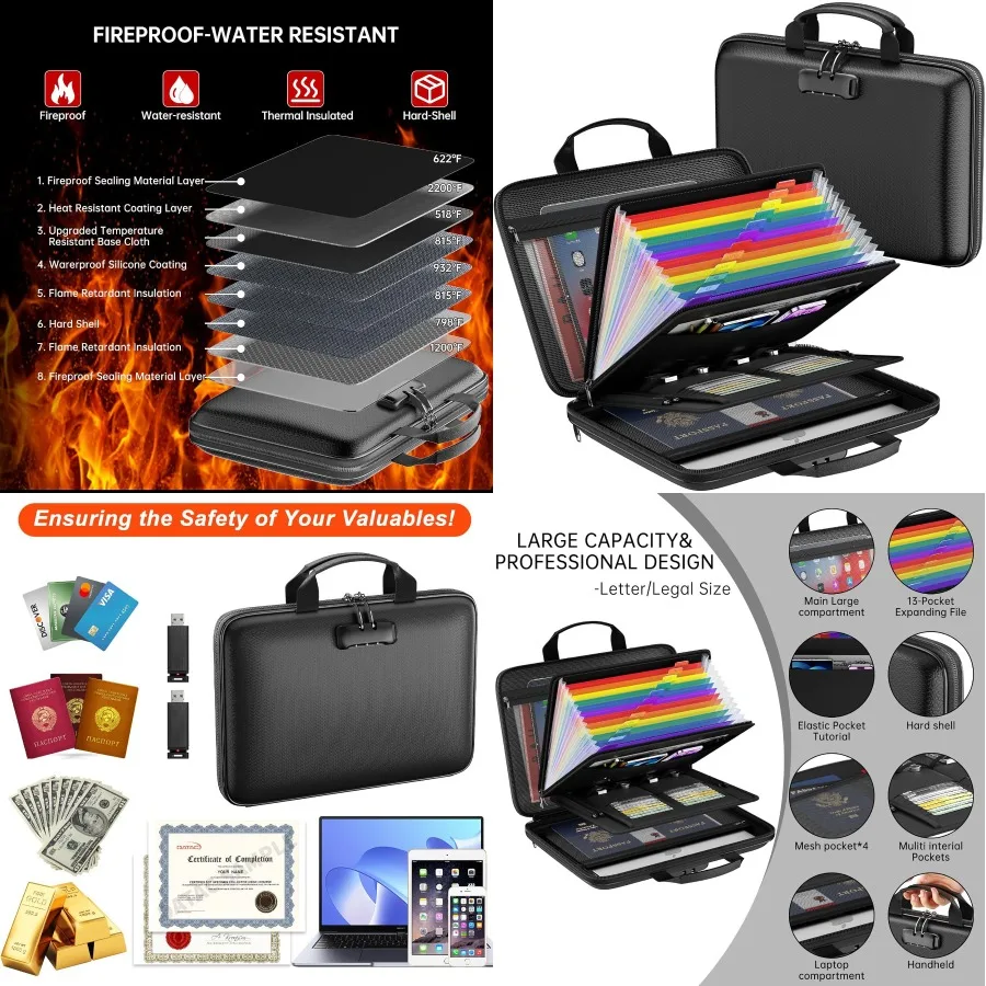Organizador de archivos ignífugo con cerradura para almacenamiento seguro: carpeta expandible grande de 13 bolsillos con diseño de carcasa dura, ideal para Protec