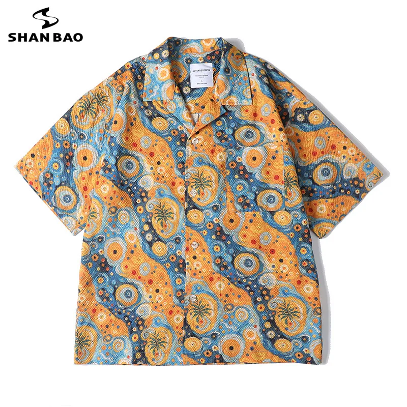 

SHAN BAO Summer Seersucker Abstract Art Digital Printing Men's Cuban Collar Loose Short Sleeve Shirt Y2K Casual Baggy Shirt