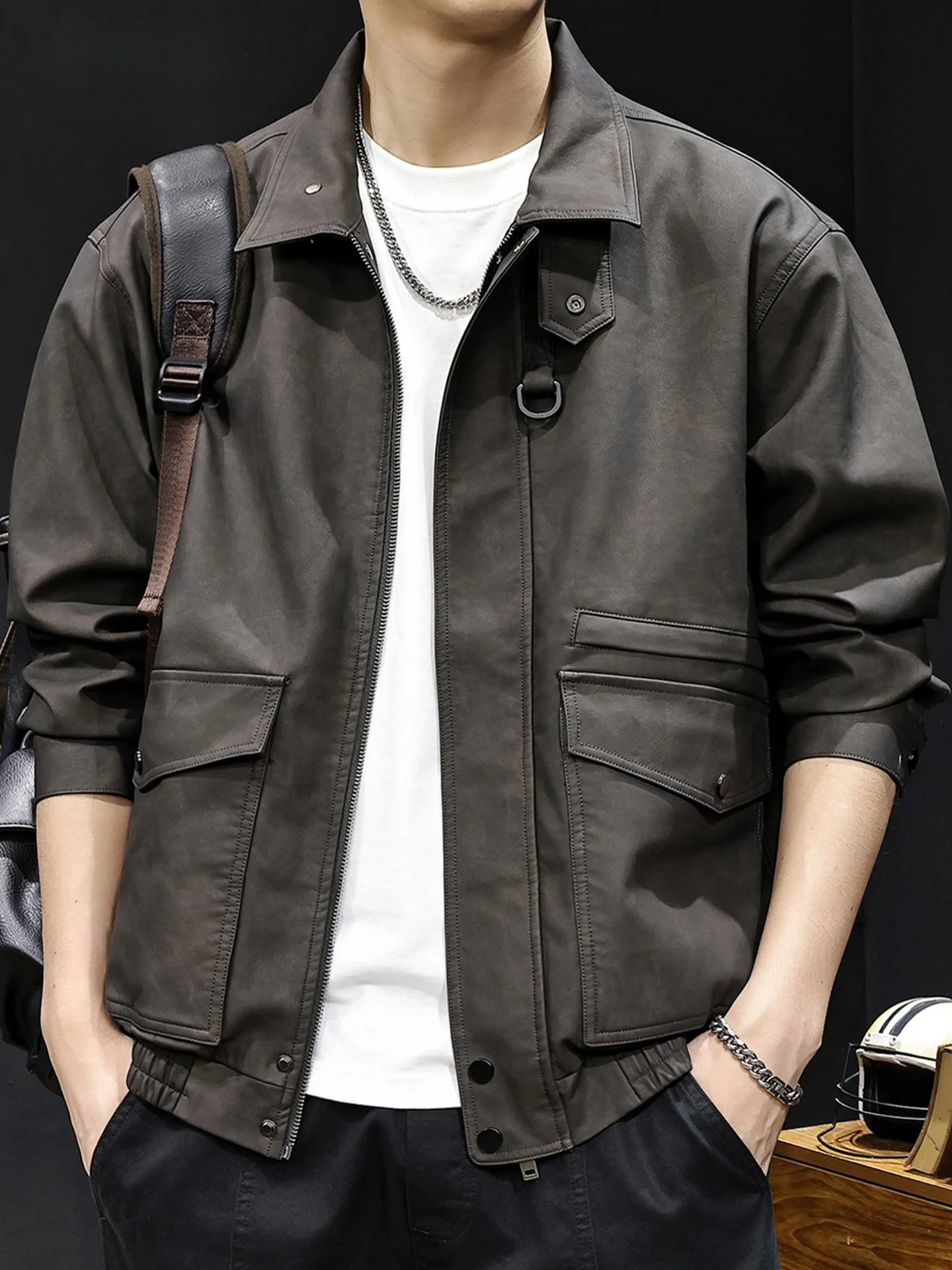 

2025 New Men's Soft Leather Jaet Autumn Winter Matte Vintage Faion Large Size Stand Collar Workwear Motorcycle Jaet