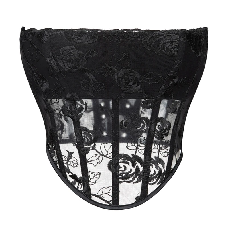 

Mesh Breathable Floral Corset Top Anti-slip Lace Up Strapless Crop Top Women Sexy Summer Party Bustier Shapewear Lingerie