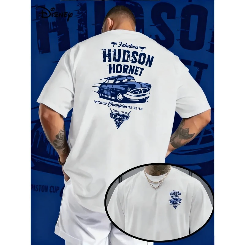 

Лето 2022, мужская двусторонняя футболка с рисунком Disney Cars Hudson Hornet & Lightning McQueen, повседневная футболка из 100% чистого хлопка с принтом