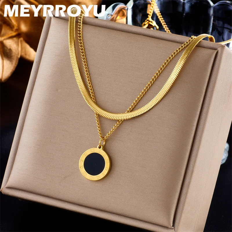 MEYRROYU 316L Stainless Steel Round Black Pendant Double Layer Snake Chain Necklace For Women Party Gift Bijoux Acier Inoxidable