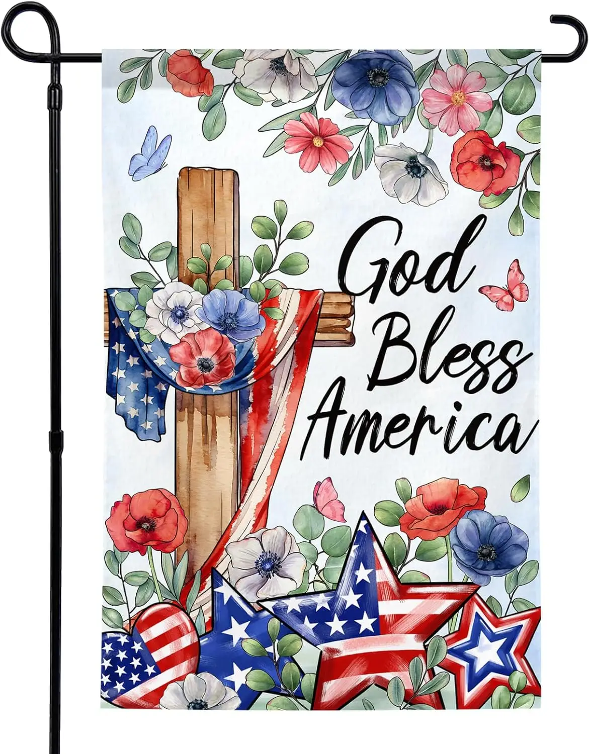 God Bless America Memorial Day Independence Day Garden Flag 12x18 Inch Double Sided Christian Cross Floral Tribute Patriotic jjp