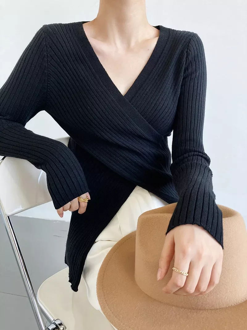 Women's Solid V-neck Sweater Clothing, Casual Cross Long Sleeve Sweater, Casual Tops For Fall & Spring