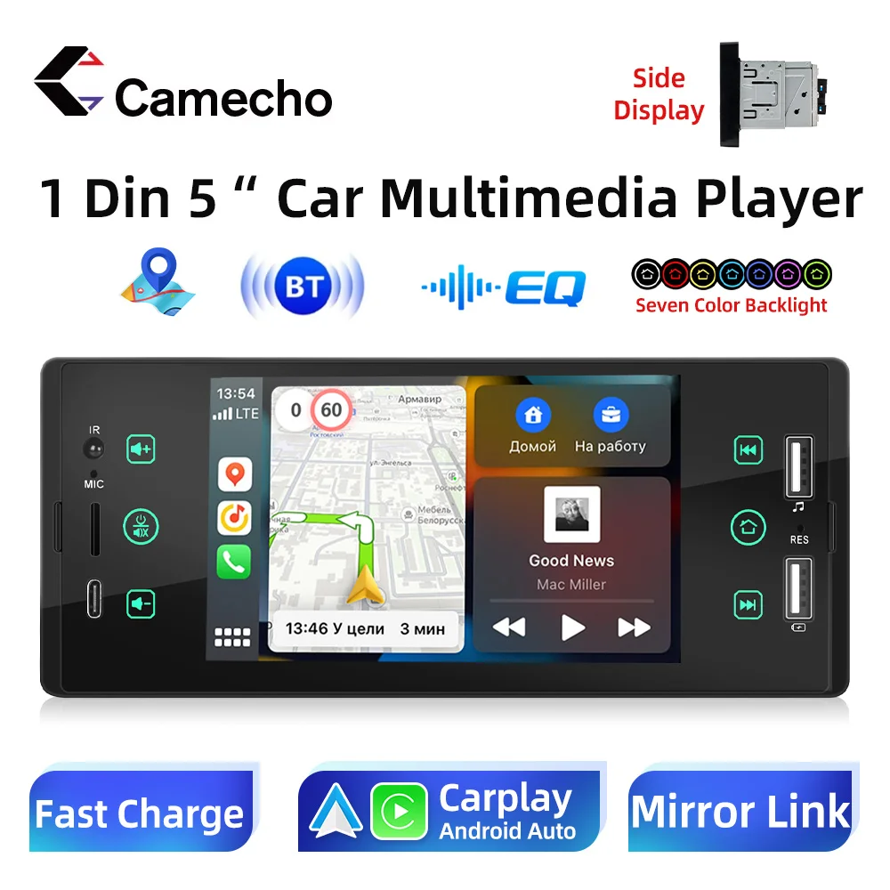 

Camecho 1 Din 5" Touch Screen Wireless Carplay Wireless Android auto Universal Car MP5 Player Bluetooth FM Radio USB Rear Camera