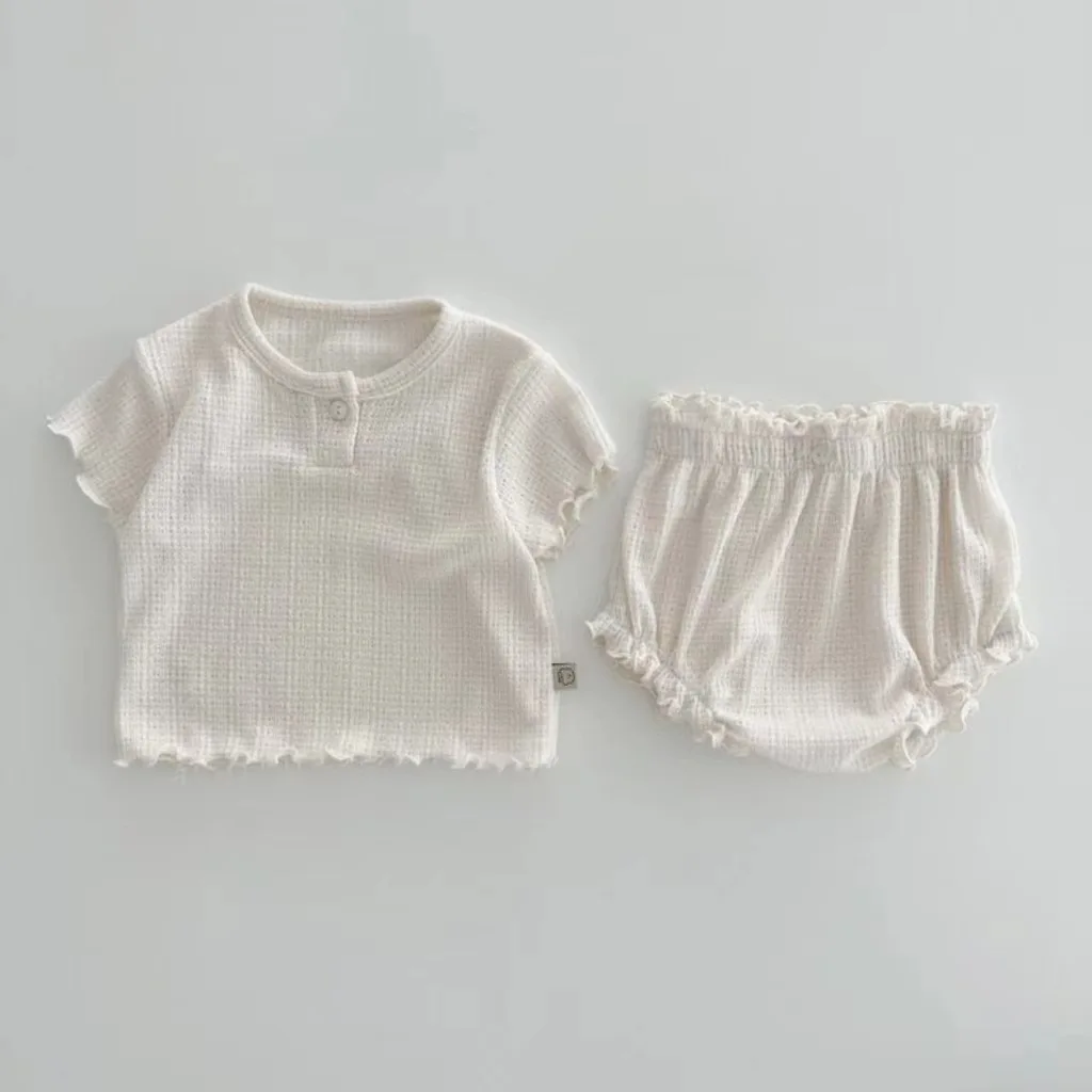 2026 Summer New Baby Short Sleeve Clothes Set Infant Boy Girl Solid Breathable Tops + Lace Shorts 2pcs Suit Toddler Thin Outfits