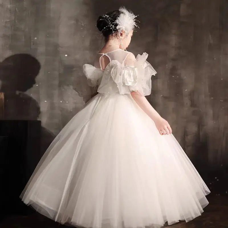 Jill Wish Luxury White Girl Dress Handmade Flowers Arabic Princess Kids Wedding Birthday Party Long Ball Gown 2025 J005 فساتي