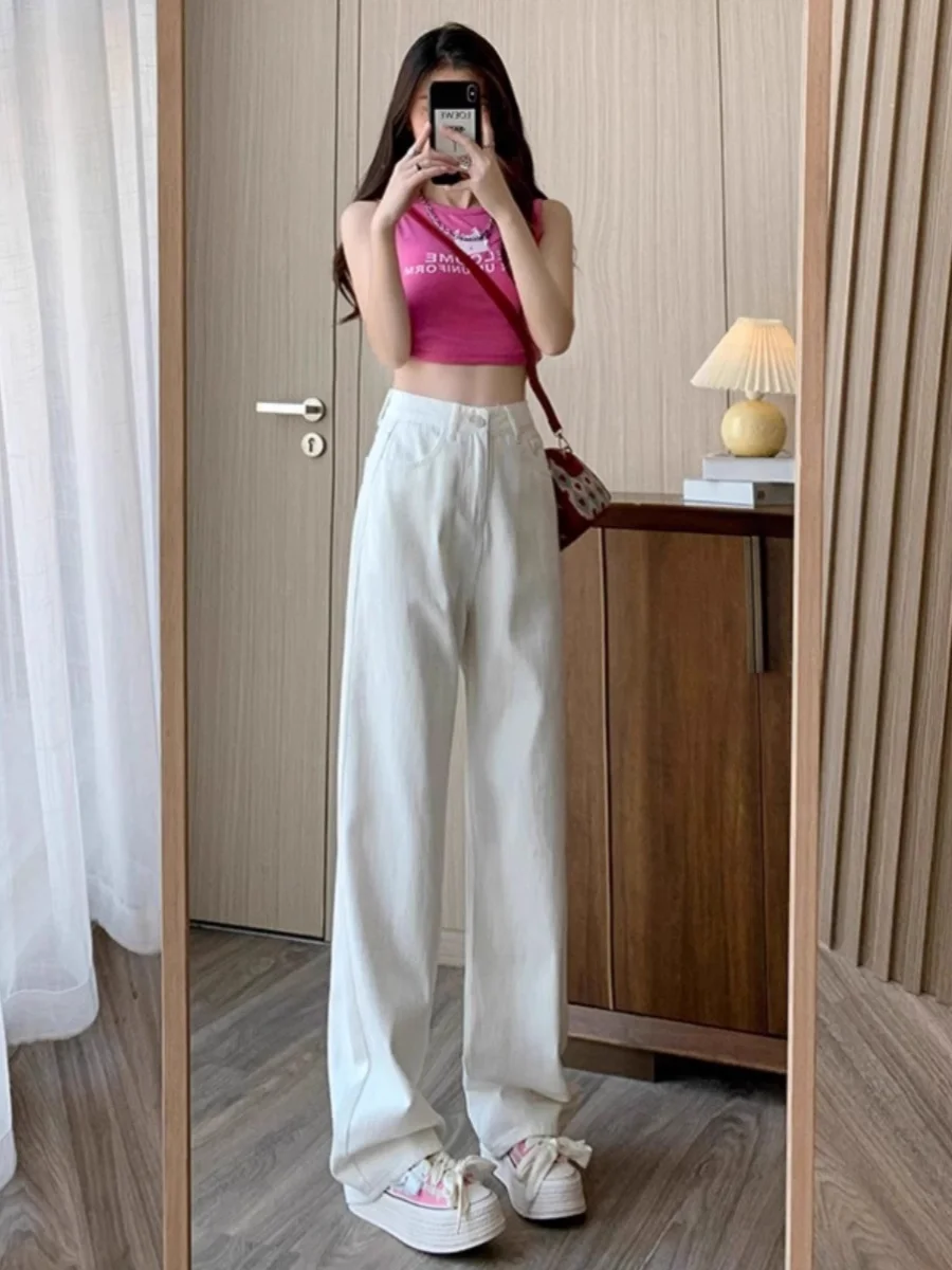 

High Waist White Denim Jeans Women's Spring Thin American High Street Loose Slimming Small Size Large Straight Leg Pants