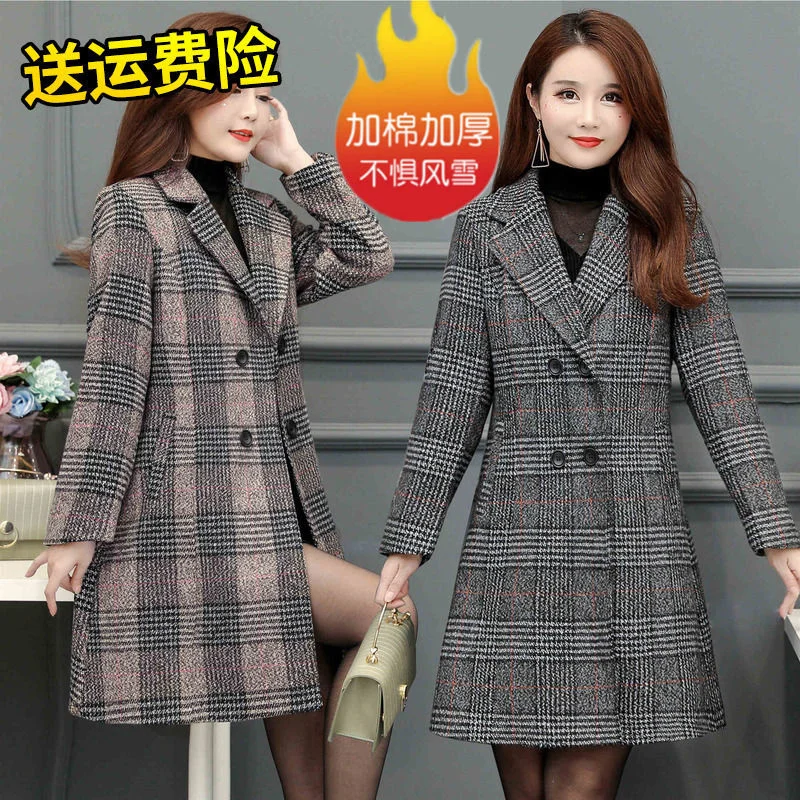 Velvet Woolen Coat Women\'s Mid-Lnng Slim-Fit Plaid Trench Coat Korean Version 2022 Autumn And Winter Fleece Plaid Woolen Jacket