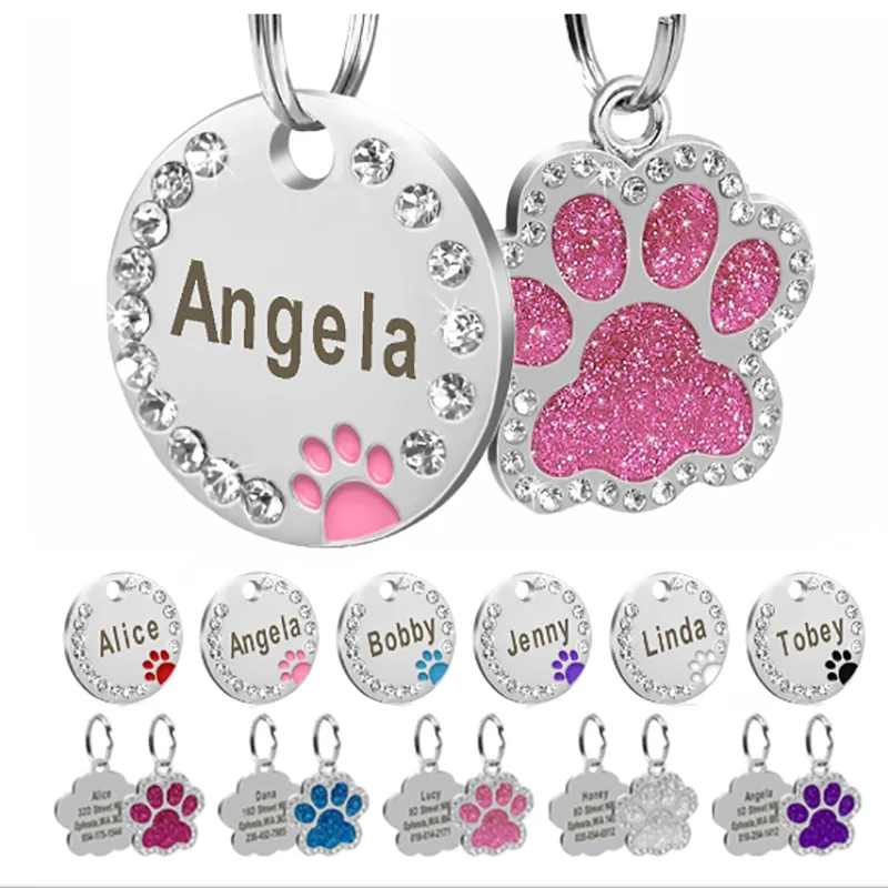 Stainless Steel Engraved Pet Name Collar Pendant ID Tags Personalized Anti-lost Engraved Diamond Pendant Necklace For Cat Dog ID