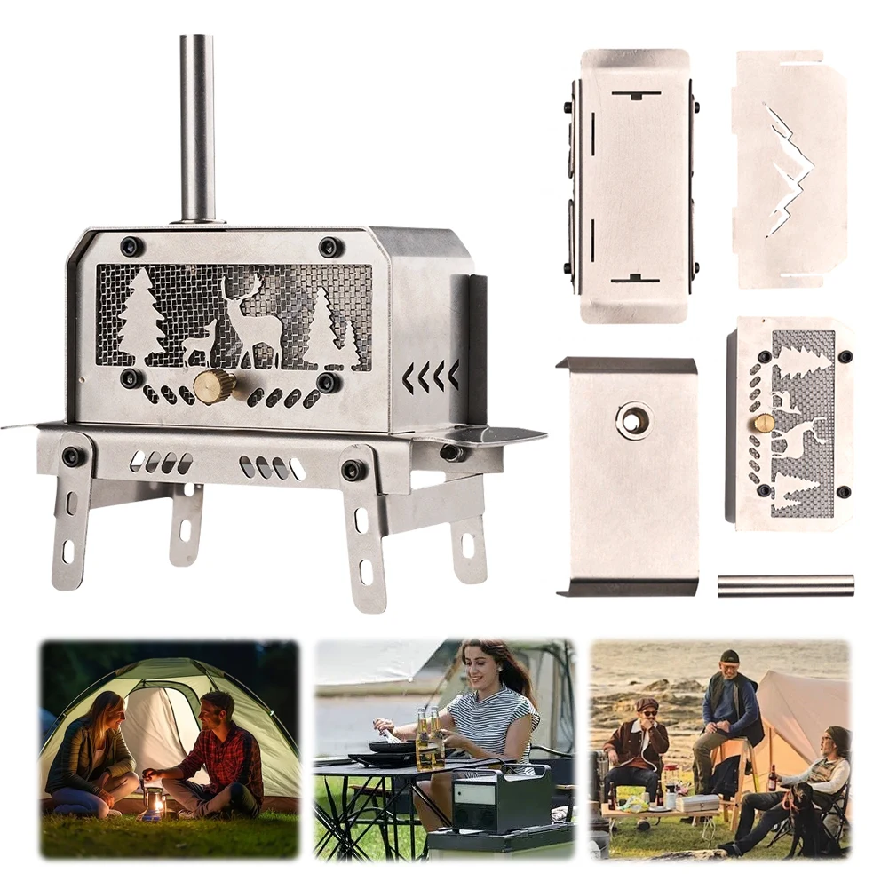 Outdoor Firewood Stove with Chimney Aromatherapy Holder Stainless Steel Camping Wood Stove for Backpacking Fishing