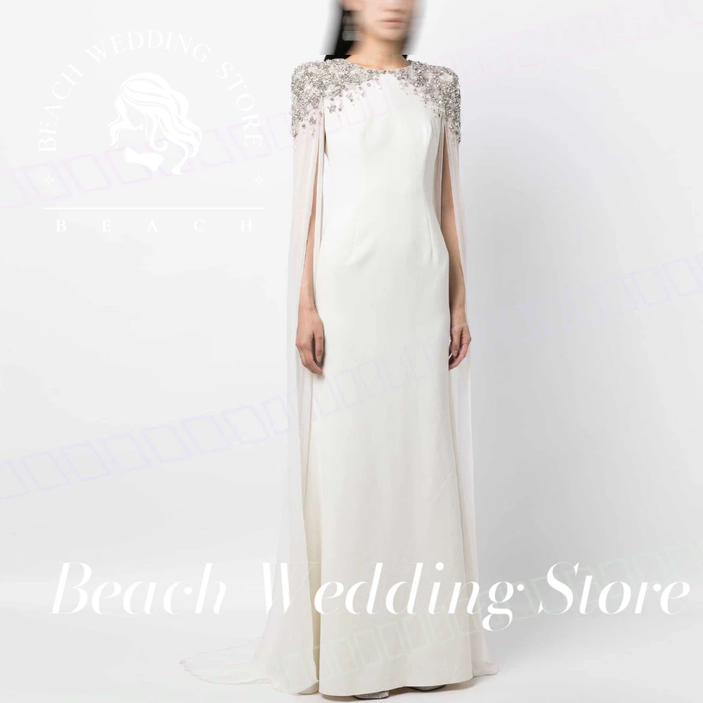 

Beach Customized Crystal silt Sleeves Beaded Sweep Train Floor Length Zipper Back Evening Dresses Elegant For Wedding Charming