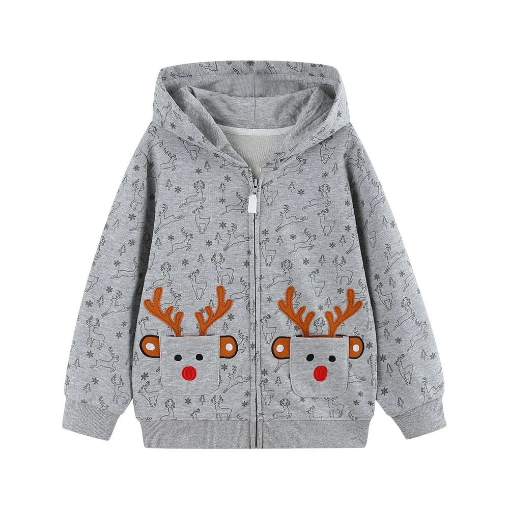 Christmas New Arrivals Deer Embroidery Girls Hooded Jacket 2-7T Long Sleeve Zipper Winter Autumn Outwear Girls Spring Wear
