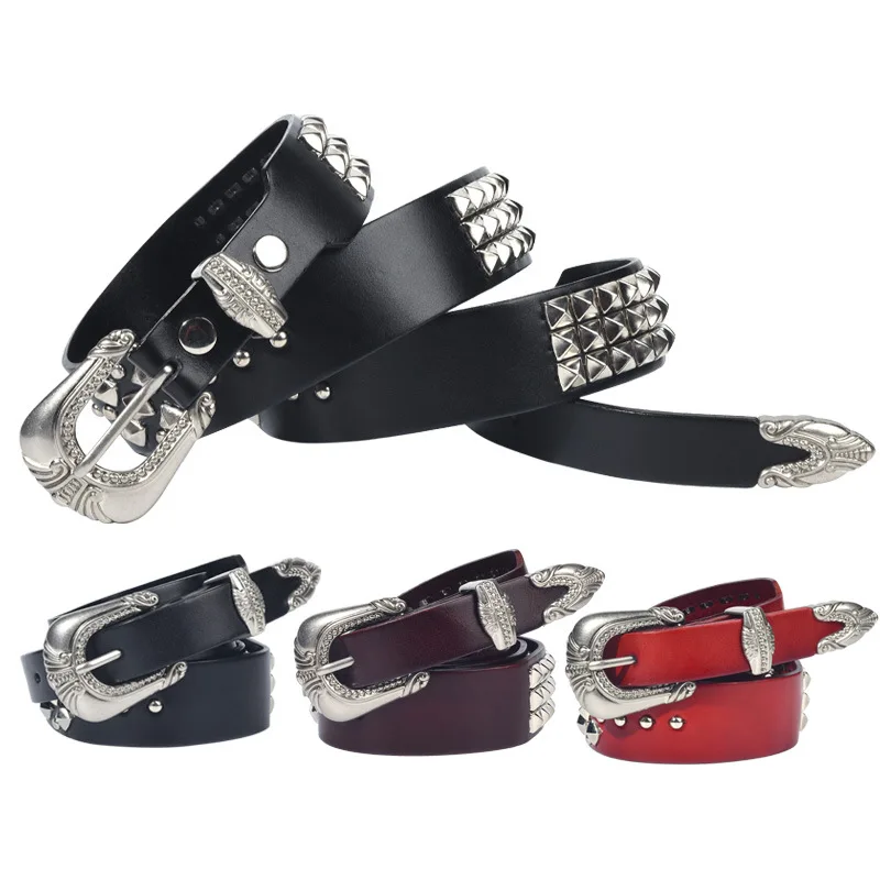 

high quality New retro style personalized men's belt with vintage dark trendy rivets cowskin luxury designer belt