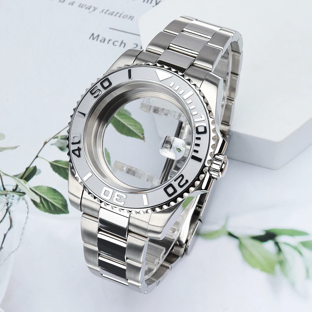 Sliver 40mm Watch Cases Ceramic Bezel Sapphire For Yacht-Master NH34 NH35 NH36 Miyota 8215 Eta 2824 Sliding Buckle 316L Bracelet
