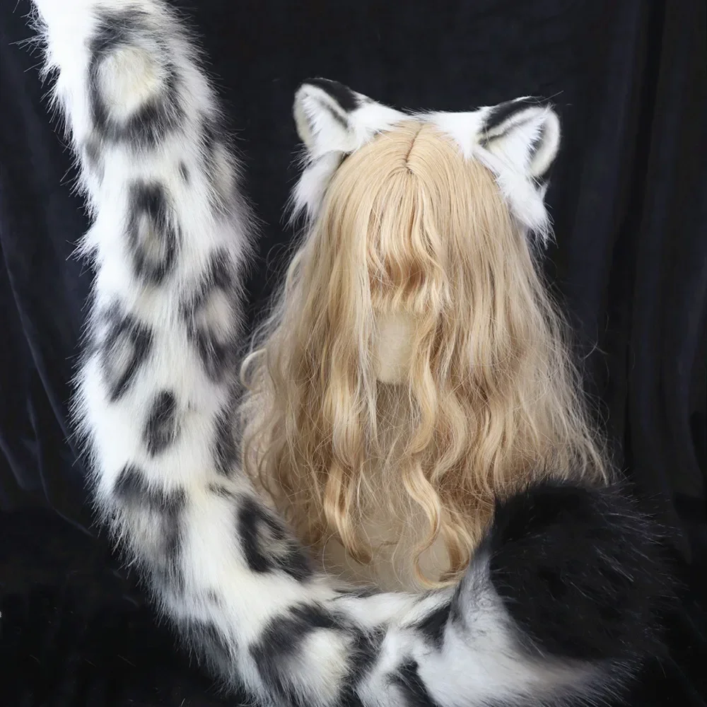 Faux Fur Snow Leopard Ears Headband with Tail, Handmade Animal Hair Ornament, Halloween & Carnival Cosplay Costume Prop
