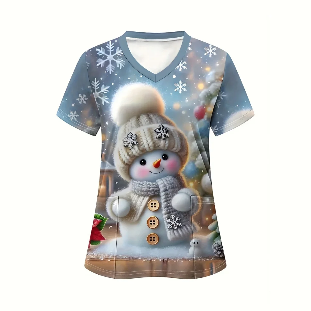 المرأة جميلة عيد الميلاد ثلاثية الأبعاد طباعة تي شيرت برقبة على شكل v خفيفة الوزن جيوب قصيرة الأكمام مثالية للممرضات الطبيب البيطري الجمال المرأة فرك #3