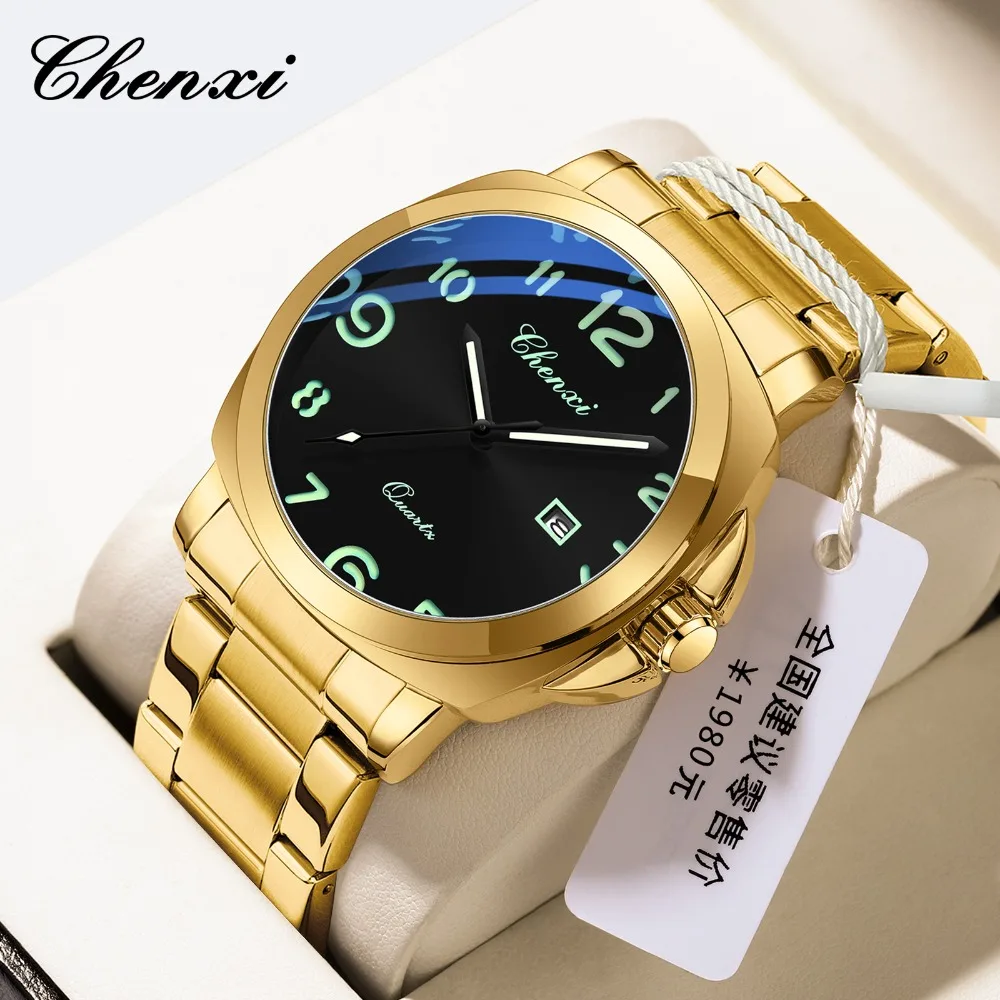 

CHENXI 8254 модные кварцевые мужские часы с большим циферблатом и календарем, водонепроницаемые часы со светящейся стальной полосой для мужчин, Relogios Masculino