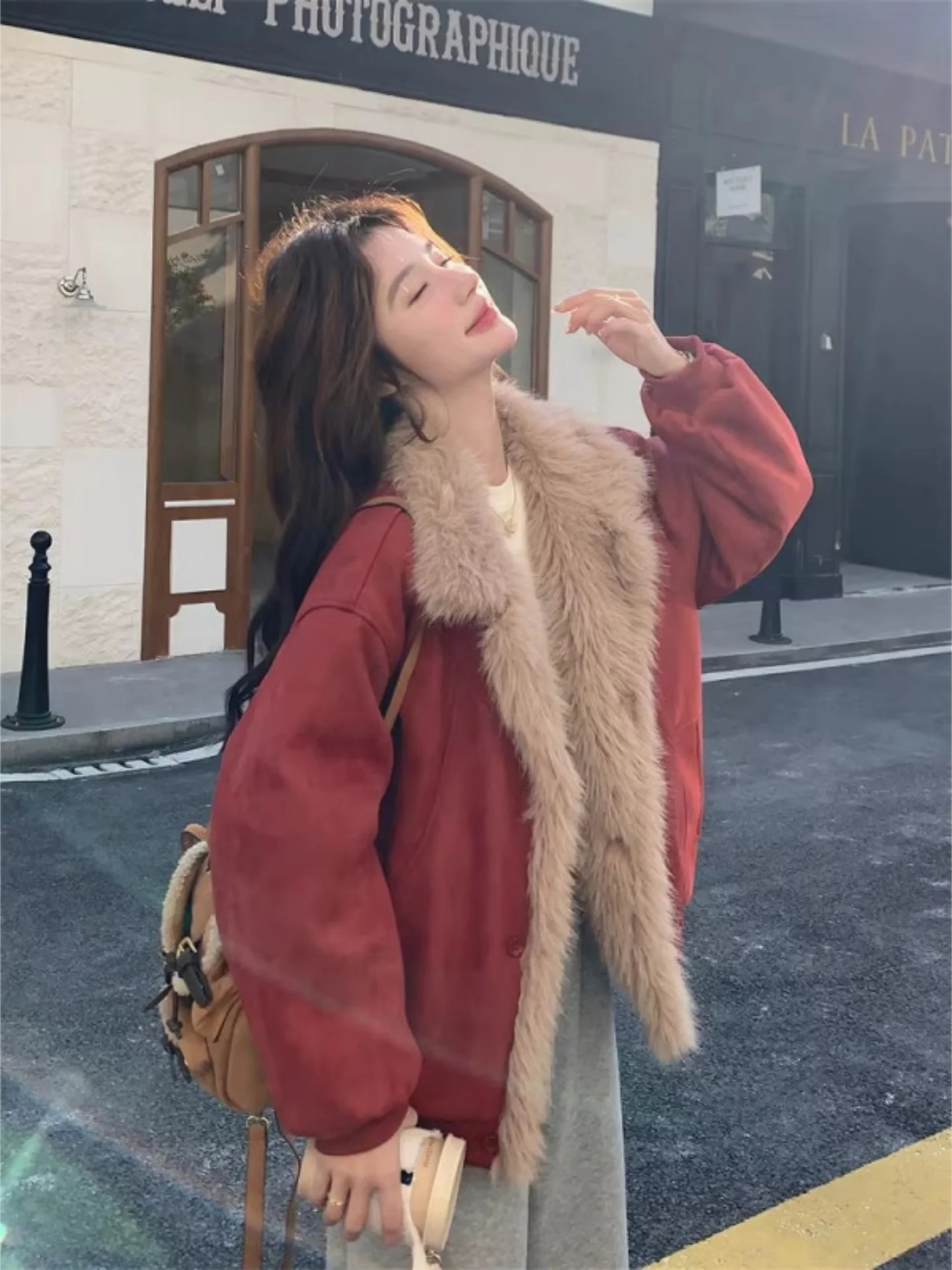 

Thiened down Quilted Red Jaet Men's American Deconstructed Suede Cotton Coat Winter Warm Fur Collar Coat Youth Faion