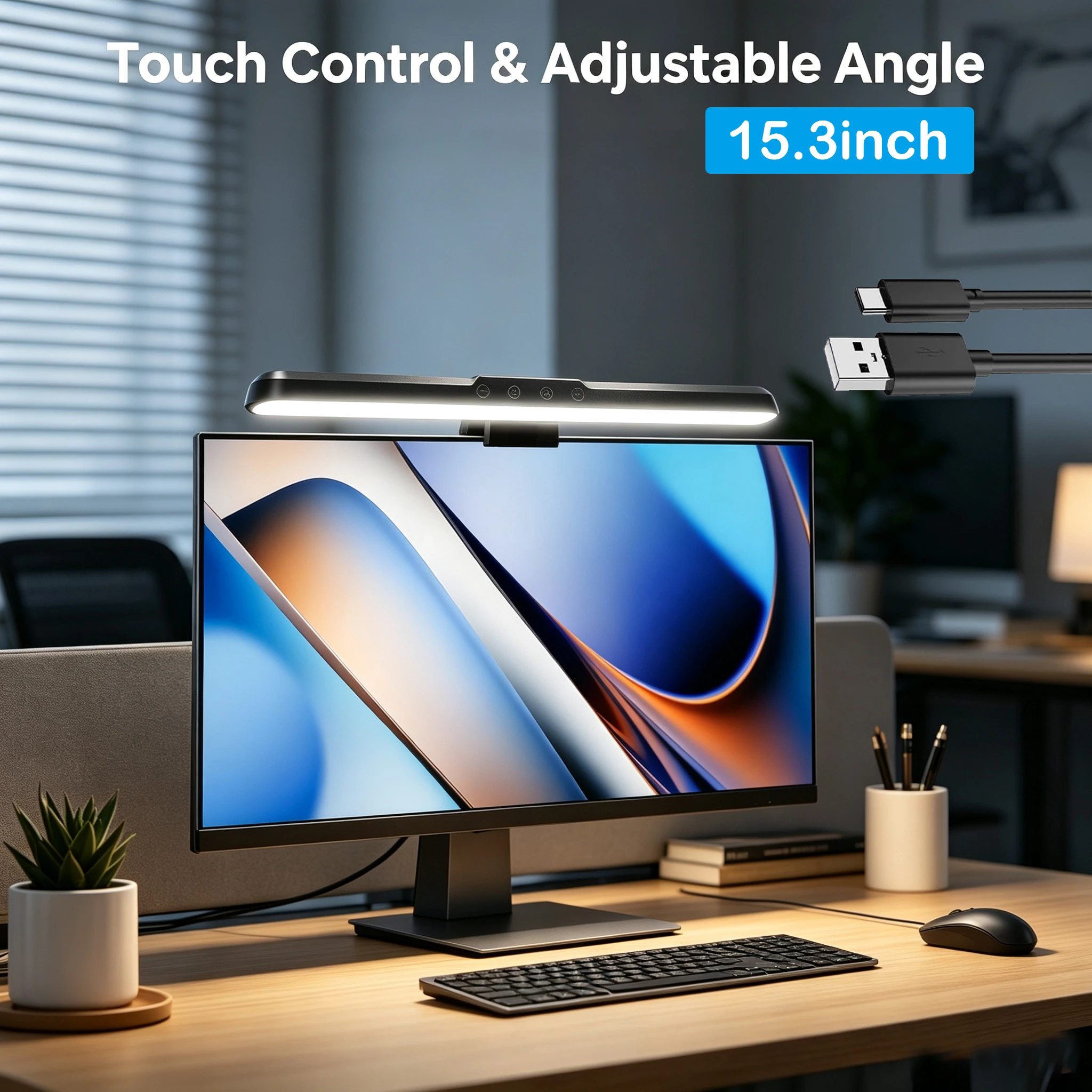 15.3inch Monitor Light Bar Computer Monitor Lamp Eye Friendly 3 Color Modes 5 Brightness Levels 70° Adjustable Angle USB Reading Light Reduce Screen Glare Touch Control for Home Office Work and Study