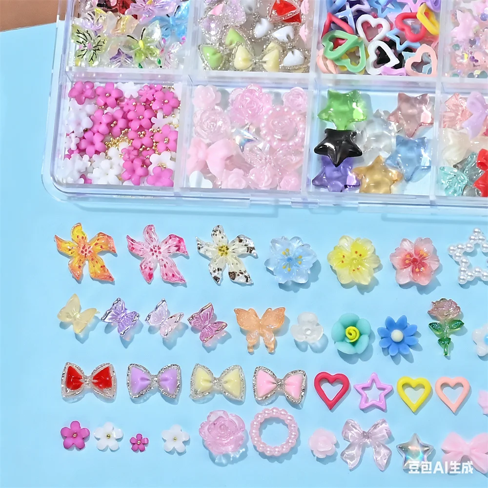 12Grids/box Macaron Colorful Resin Bow/Pearl/Star Nail Charm Kawaii Bow/Lily Flowers Nail Decor Mixed Acrylic Bow Manicure Craft