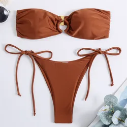 Sexy Diamond Ring Brown Ruched Swimwear Bandeau Bikinis Set 2024 Mujer Micro Thong Swimsuit Lace-up Bathing Suit Bikini Bather