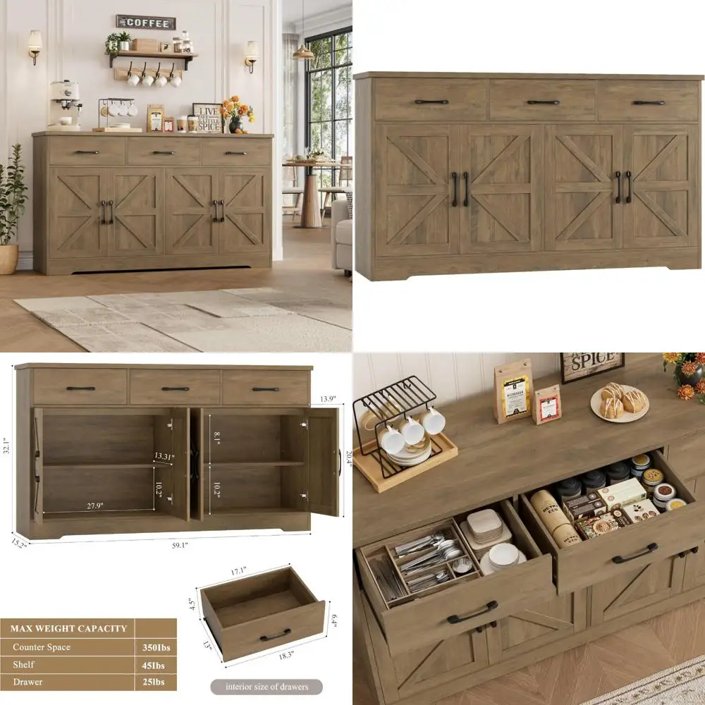 Large Farmhouse Style Buffet Cabinet with Storage, 3 Drawers, Wood Kitchen Coffee Bar, Sideboard Buffet with Ample Space