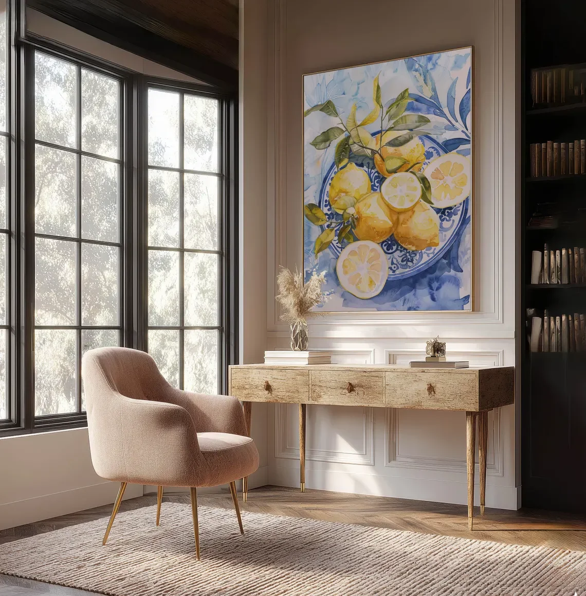 Mediterranean Lemon Still Life Wall Art - Fresh Watercolor Print of Bright Yellow Lemons on a Decorative Blue Plate, with Lush G