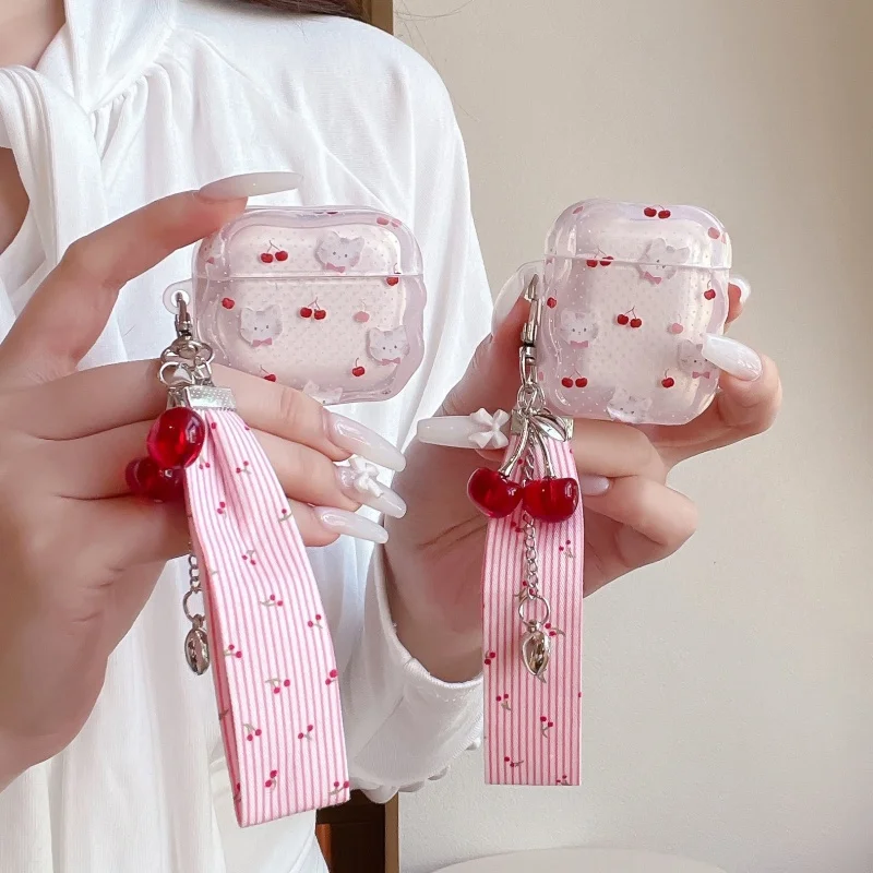 

Korean Pink Polka Dot Cherry Cat Earphone Case For Airpods 4 3 2 Pro 3 Cover with Pendant Cute Silicone Headphone Charing Cases