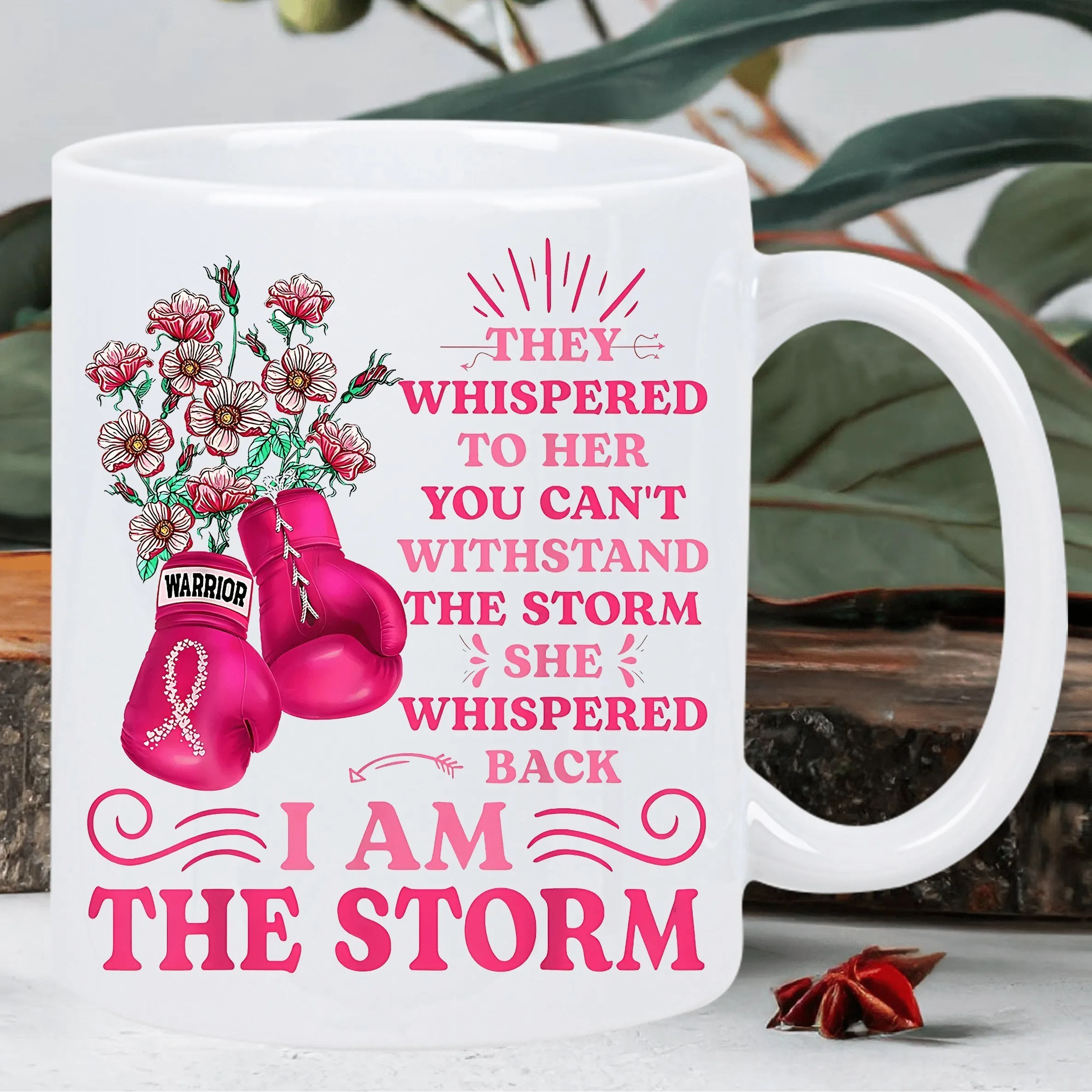 

1pc 11oz "I Am The Storm" Breast Cancer Awareness Ceramic Coffee Mug - Insulated, Empowering Quote & Boxing Gloves Design, White