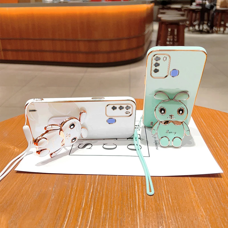 Cute Cartoon Rabbit Fold Stand For Infinix Vision 1 Pro S16 Phone Case With Lanyard Luxury Plating Cover