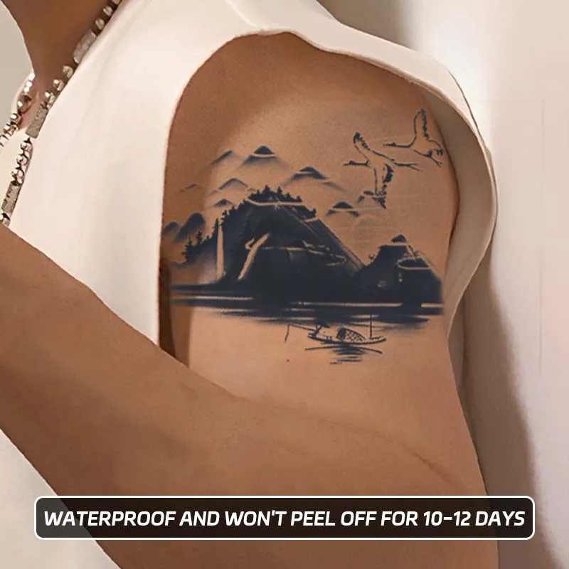 Temporary Tattoo Stickers Ink Landscape Painting Elements Waterproof Men's Fake Tattoo Arm Stickers Simulated Tattoo Color
