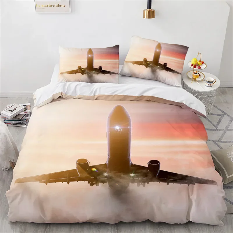 Boys Airplane Duvet Cover King Queen Polyester Aviation Aircraft Runway Bedding Set Sky Scenery Bedspread Cover With Pillowcase